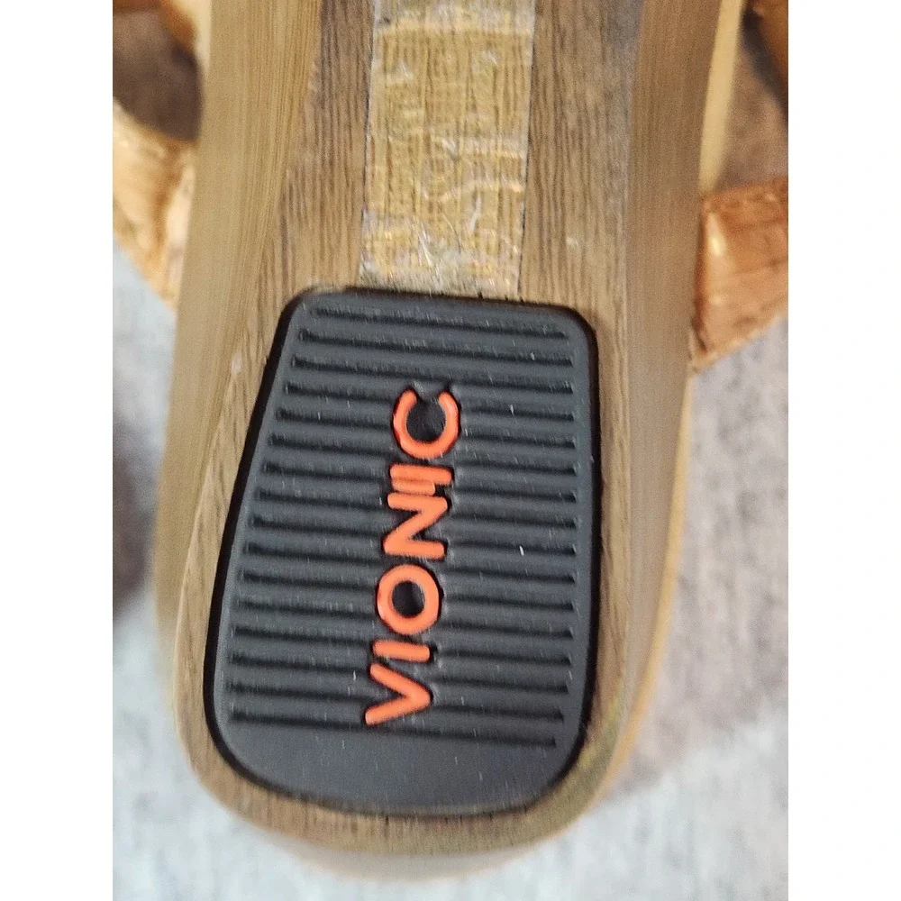 Vionic Wedge Sandals Womens 5 Tan Cork Metallic Gold Studded Strappy Slide